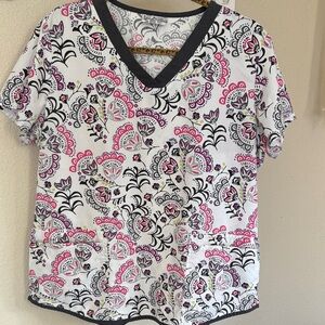 UA Scrubs Pink and Gray Floral V-Neck Top